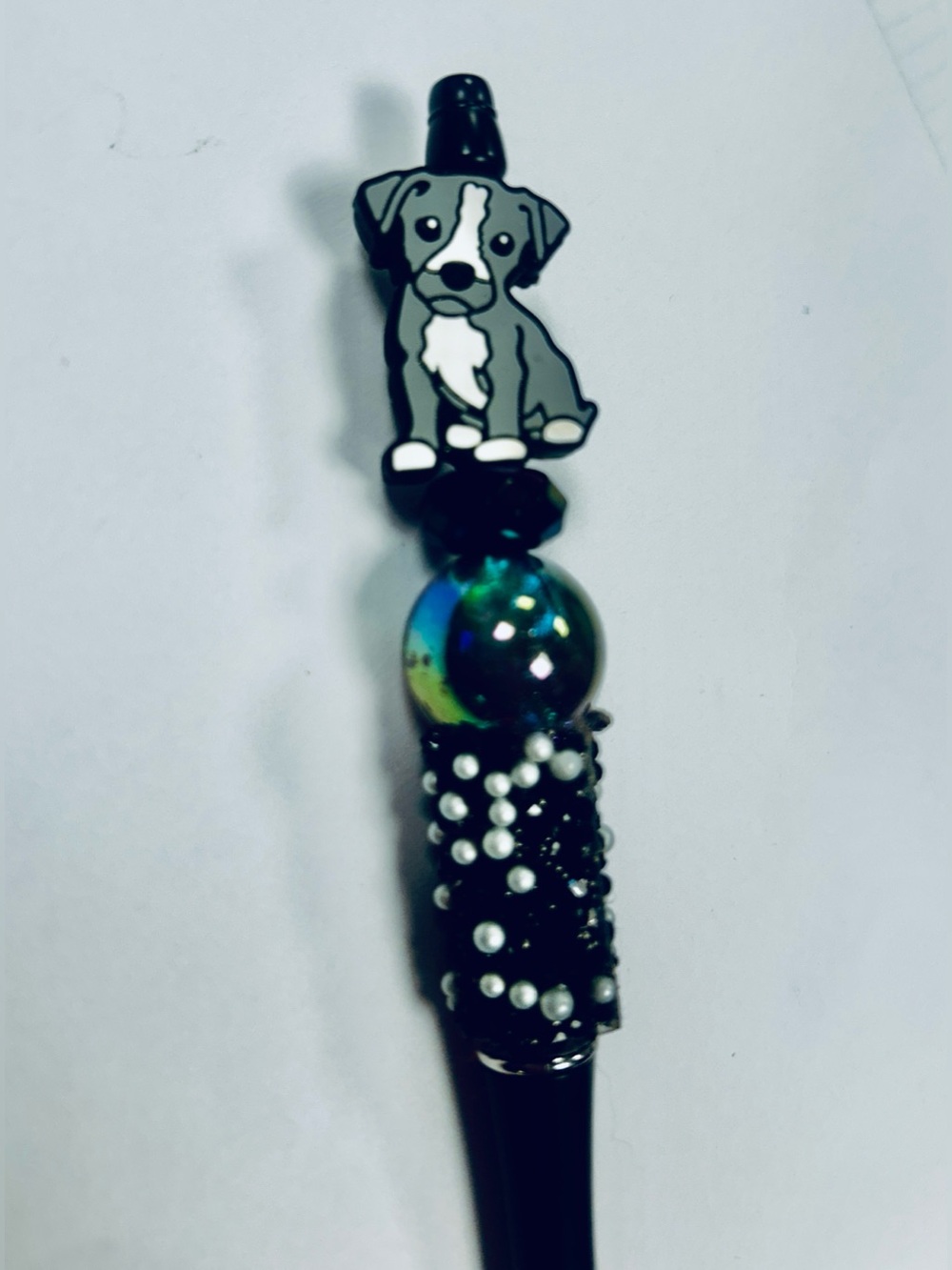 HAND BEADED Fancy Pen Pitbull puppy dog with Glass Top NEW